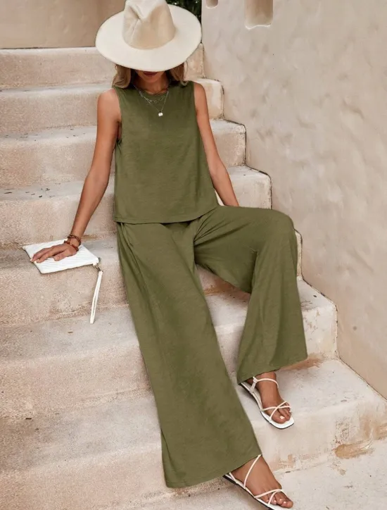Hot Women's Fashion Streetwear Daily Shirt Linen-Inspired Sets Two Piece Sets Wide Leg Pants Sleeveless Crew Neck Plain Casual Daily Black Yellow Army Green Summer Regular Fit Women Sets