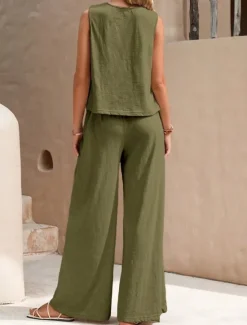 Hot Women's Fashion Streetwear Daily Shirt Linen-Inspired Sets Two Piece Sets Wide Leg Pants Sleeveless Crew Neck Plain Casual Daily Black Yellow Army Green Summer Regular Fit Women Sets
