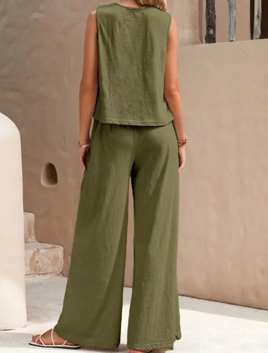 Hot Women's Fashion Streetwear Daily Shirt Linen-Inspired Sets Two Piece Sets Wide Leg Pants Sleeveless Crew Neck Plain Casual Daily Black Yellow Army Green Summer Regular Fit Women Sets