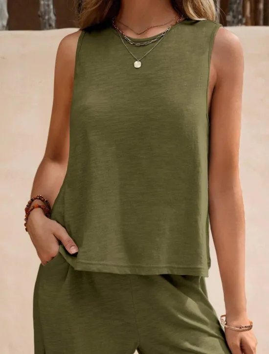 Hot Women's Fashion Streetwear Daily Shirt Linen-Inspired Sets Two Piece Sets Wide Leg Pants Sleeveless Crew Neck Plain Casual Daily Black Yellow Army Green Summer Regular Fit Women Sets