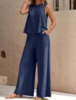 Hot Women's Fashion Streetwear Daily Shirt Linen-Inspired Sets Two Piece Sets Wide Leg Pants Sleeveless Crew Neck Plain Casual Daily Black Yellow Army Green Summer Regular Fit Women Sets