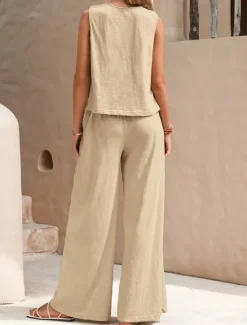 Hot Women's Fashion Streetwear Daily Shirt Linen-Inspired Sets Two Piece Sets Wide Leg Pants Sleeveless Crew Neck Plain Casual Daily Black Yellow Army Green Summer Regular Fit Women Sets