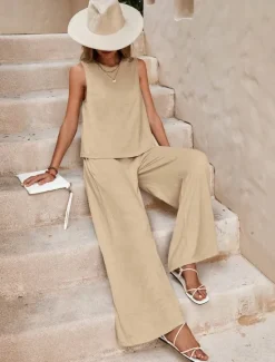 Hot Women's Fashion Streetwear Daily Shirt Linen-Inspired Sets Two Piece Sets Wide Leg Pants Sleeveless Crew Neck Plain Casual Daily Black Yellow Army Green Summer Regular Fit Women Sets