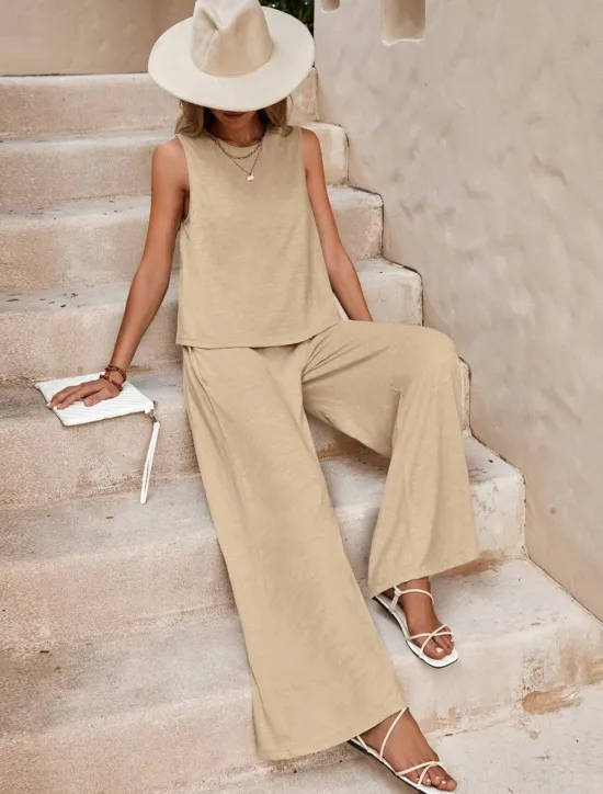 Hot Women's Fashion Streetwear Daily Shirt Linen-Inspired Sets Two Piece Sets Wide Leg Pants Sleeveless Crew Neck Plain Casual Daily Black Yellow Army Green Summer Regular Fit Women Sets