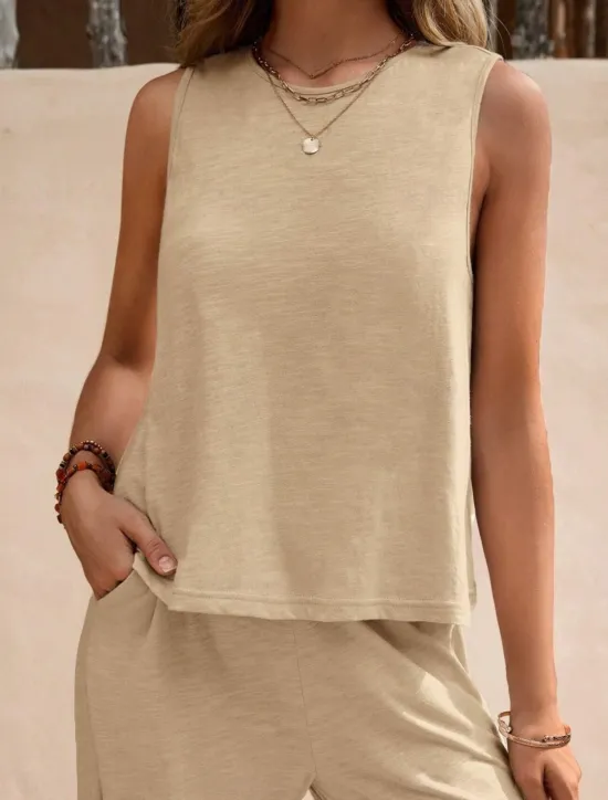 Hot Women's Fashion Streetwear Daily Shirt Linen-Inspired Sets Two Piece Sets Wide Leg Pants Sleeveless Crew Neck Plain Casual Daily Black Yellow Army Green Summer Regular Fit Women Sets