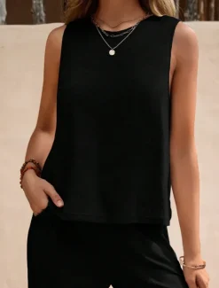 Hot Women's Fashion Streetwear Daily Shirt Linen-Inspired Sets Two Piece Sets Wide Leg Pants Sleeveless Crew Neck Plain Casual Daily Black Yellow Army Green Summer Regular Fit Women Sets