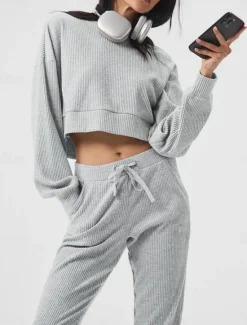 Best Women's Fashion Streetwear Daily Sweatshirt Sweatpants Long Sleeve Crew Neck Plain Drawstring Casual Daily Black Khaki Gray Fall Regular Fit Women Two Piece Sets