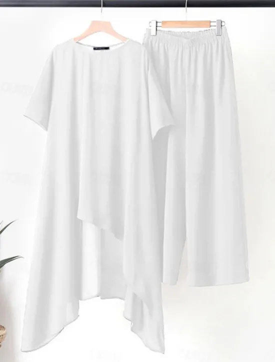 Sale Women's Fashion Streetwear Daily Shirt Linen-Inspired Sets Two Piece Sets Wide Leg Pants 3/4 Length Sleeve Crew Neck Plain Casual Daily Black White Army Green Spring & Fall Regular Fit Women Sets