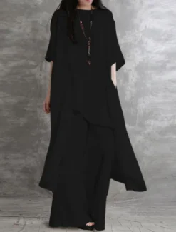 Sale Women's Fashion Streetwear Daily Shirt Linen-Inspired Sets Two Piece Sets Wide Leg Pants 3/4 Length Sleeve Crew Neck Plain Casual Daily Black White Army Green Spring & Fall Regular Fit Women Sets