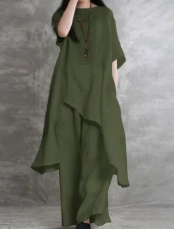 Sale Women's Fashion Streetwear Daily Shirt Linen-Inspired Sets Two Piece Sets Wide Leg Pants 3/4 Length Sleeve Crew Neck Plain Casual Daily Black White Army Green Spring & Fall Regular Fit Women Sets
