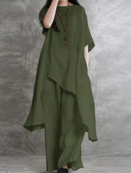 Sale Women's Fashion Streetwear Daily Shirt Linen-Inspired Sets Two Piece Sets Wide Leg Pants 3/4 Length Sleeve Crew Neck Plain Casual Daily Black White Army Green Spring & Fall Regular Fit Women Sets