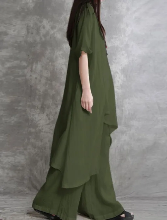 Sale Women's Fashion Streetwear Daily Shirt Linen-Inspired Sets Two Piece Sets Wide Leg Pants 3/4 Length Sleeve Crew Neck Plain Casual Daily Black White Army Green Spring & Fall Regular Fit Women Sets