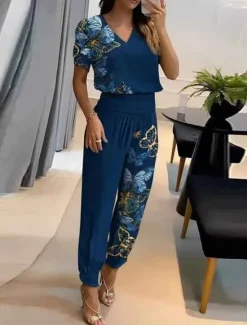 Hot Women's Fashion Streetwear Daily Pants Sets Short Sleeve V Neck Graphic Print Casual Daily Navy Blue Blue Gold Summer Regular Fit Women Two Piece Sets