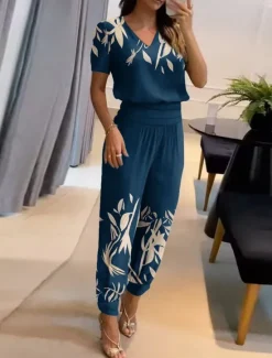 Hot Women's Fashion Streetwear Daily Pants Sets Short Sleeve V Neck Graphic Print Casual Daily Navy Blue Blue Gold Summer Regular Fit Women Two Piece Sets