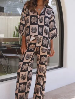 Discount Women's Fashion Streetwear Daily Shirt Wide Leg Pants 3/4 Length Sleeve Shirt Collar Floral Print Casual Daily Black Blue Orange Spring & Fall Regular Fit Women Two Piece Sets