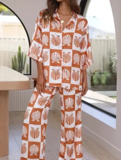 Discount Women's Fashion Streetwear Daily Shirt Wide Leg Pants 3/4 Length Sleeve Shirt Collar Floral Print Casual Daily Black Blue Orange Spring & Fall Regular Fit Women Two Piece Sets