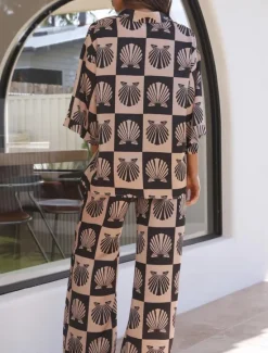 Discount Women's Fashion Streetwear Daily Shirt Wide Leg Pants 3/4 Length Sleeve Shirt Collar Floral Print Casual Daily Black Blue Orange Spring & Fall Regular Fit Women Two Piece Sets