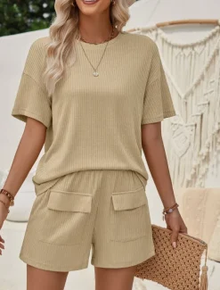 Outlet Women's Fashion Streetwear Daily T Shirt Baggy Shorts Short Sleeve Crew Neck Plain Casual Daily Pink Khaki Summer Regular Fit Women Two Piece Sets