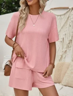 Outlet Women's Fashion Streetwear Daily T Shirt Baggy Shorts Short Sleeve Crew Neck Plain Casual Daily Pink Khaki Summer Regular Fit Women Two Piece Sets