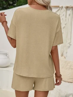 Outlet Women's Fashion Streetwear Daily T Shirt Baggy Shorts Short Sleeve Crew Neck Plain Casual Daily Pink Khaki Summer Regular Fit Women Two Piece Sets