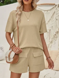 Outlet Women's Fashion Streetwear Daily T Shirt Baggy Shorts Short Sleeve Crew Neck Plain Casual Daily Pink Khaki Summer Regular Fit Women Two Piece Sets