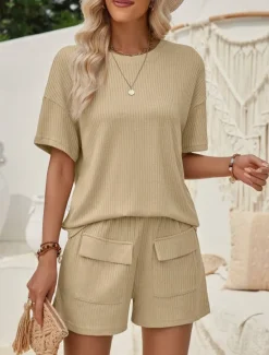 Outlet Women's Fashion Streetwear Daily T Shirt Baggy Shorts Short Sleeve Crew Neck Plain Casual Daily Pink Khaki Summer Regular Fit Women Two Piece Sets