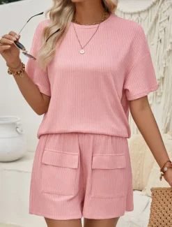 Outlet Women's Fashion Streetwear Daily T Shirt Baggy Shorts Short Sleeve Crew Neck Plain Casual Daily Pink Khaki Summer Regular Fit Women Two Piece Sets