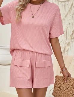 Outlet Women's Fashion Streetwear Daily T Shirt Baggy Shorts Short Sleeve Crew Neck Plain Casual Daily Pink Khaki Summer Regular Fit Women Two Piece Sets