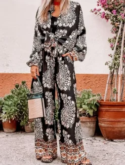 Online Women's Fashion Streetwear Daily Shirt Blouse Wide Leg Pants Long Sleeve Shirt Collar Floral Print Casual Daily Summer Regular Fit Women Two Piece Sets