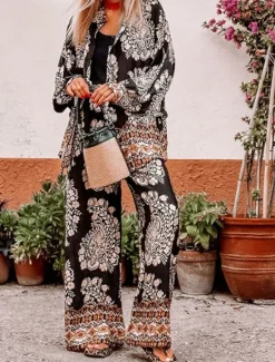 Online Women's Fashion Streetwear Daily Shirt Blouse Wide Leg Pants Long Sleeve Shirt Collar Floral Print Casual Daily Summer Regular Fit Women Two Piece Sets