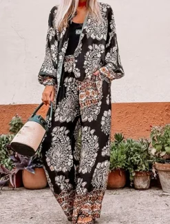 Online Women's Fashion Streetwear Daily Shirt Blouse Wide Leg Pants Long Sleeve Shirt Collar Floral Print Casual Daily Summer Regular Fit Women Two Piece Sets