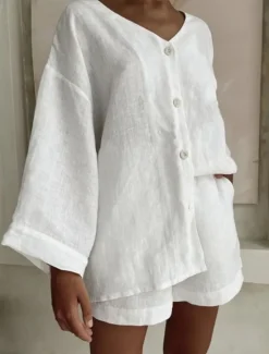 Clearance Women's Fashion Streetwear Daily Shirt Linen-Inspired Sets Two Piece Sets Baggy Shorts Long Sleeve V Neck Plain Casual Daily Black White Blue Summer Regular Fit Women Sets
