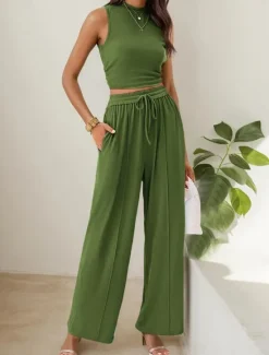 Clearance Women's Fashion Streetwear Daily Pants Sets Sleeveless Crew Neck Solid Color Drawstring Casual Daily Blue Orange Brown Summer Regular Fit Women Two Piece Sets