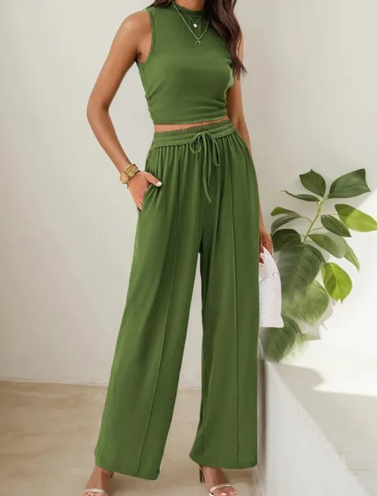Clearance Women's Fashion Streetwear Daily Pants Sets Sleeveless Crew Neck Solid Color Drawstring Casual Daily Blue Orange Brown Summer Regular Fit Women Two Piece Sets