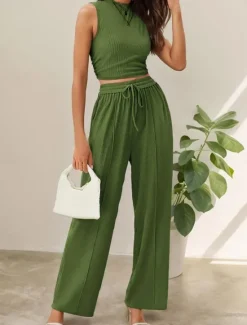 Clearance Women's Fashion Streetwear Daily Pants Sets Sleeveless Crew Neck Solid Color Drawstring Casual Daily Blue Orange Brown Summer Regular Fit Women Two Piece Sets