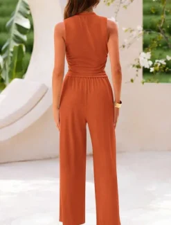 Clearance Women's Fashion Streetwear Daily Pants Sets Sleeveless Crew Neck Solid Color Drawstring Casual Daily Blue Orange Brown Summer Regular Fit Women Two Piece Sets