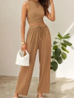 Clearance Women's Fashion Streetwear Daily Pants Sets Sleeveless Crew Neck Solid Color Drawstring Casual Daily Blue Orange Brown Summer Regular Fit Women Two Piece Sets