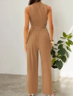 Clearance Women's Fashion Streetwear Daily Pants Sets Sleeveless Crew Neck Solid Color Drawstring Casual Daily Blue Orange Brown Summer Regular Fit Women Two Piece Sets
