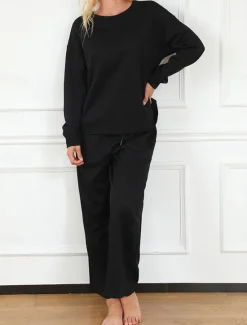 Hot Women's Fashion Streetwear Daily Sweatshirt Sweatpants Long Sleeve Crew Neck Plain Drawstring Casual Daily Black White Beige Fall Regular Fit Women Two Piece Sets