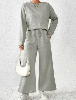 Hot Women's Fashion Streetwear Daily Sweatshirt Sweatpants Long Sleeve Crew Neck Plain Drawstring Casual Daily Black White Beige Fall Regular Fit Women Two Piece Sets