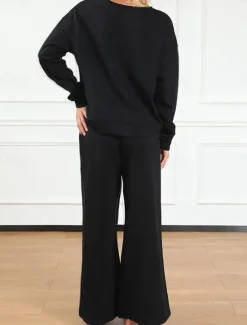 Hot Women's Fashion Streetwear Daily Sweatshirt Sweatpants Long Sleeve Crew Neck Plain Drawstring Casual Daily Black White Beige Fall Regular Fit Women Two Piece Sets