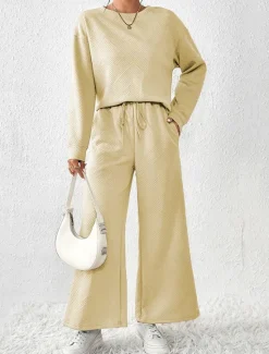 Hot Women's Fashion Streetwear Daily Sweatshirt Sweatpants Long Sleeve Crew Neck Plain Drawstring Casual Daily Black White Beige Fall Regular Fit Women Two Piece Sets