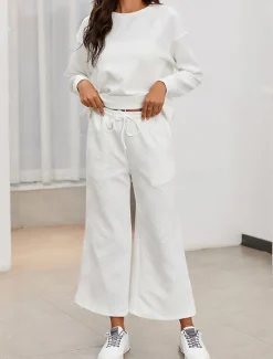 Hot Women's Fashion Streetwear Daily Sweatshirt Sweatpants Long Sleeve Crew Neck Plain Drawstring Casual Daily Black White Beige Fall Regular Fit Women Two Piece Sets