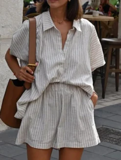 Outlet Women's Fashion Streetwear Daily Shorts Sets Short Sleeve Shirt Collar Striped Print Casual Daily Summer Regular Fit Women Two Piece Sets