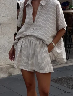 Outlet Women's Fashion Streetwear Daily Shorts Sets Short Sleeve Shirt Collar Striped Print Casual Daily Summer Regular Fit Women Two Piece Sets