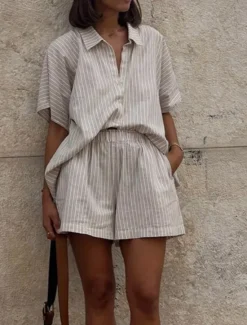 Outlet Women's Fashion Streetwear Daily Shorts Sets Short Sleeve Shirt Collar Striped Print Casual Daily Summer Regular Fit Women Two Piece Sets