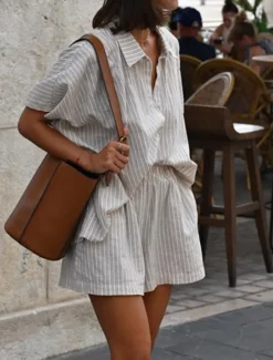 Outlet Women's Fashion Streetwear Daily Shorts Sets Short Sleeve Shirt Collar Striped Print Casual Daily Summer Regular Fit Women Two Piece Sets
