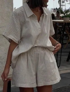 Outlet Women's Fashion Streetwear Daily Shorts Sets Short Sleeve Shirt Collar Striped Print Casual Daily Summer Regular Fit Women Two Piece Sets