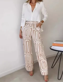 Discount Women's Fashion Streetwear Daily Shirt Linen-Inspired Sets Two Piece Sets Dress Pants Long Sleeve Bishop Sleeve Shirt Collar Plain Printing Patchwork Print Formal Casual Daily Fall Regular Fit Women Sets