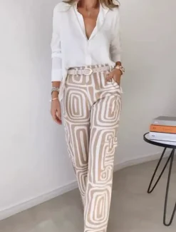 Discount Women's Fashion Streetwear Daily Shirt Linen-Inspired Sets Two Piece Sets Dress Pants Long Sleeve Bishop Sleeve Shirt Collar Plain Printing Patchwork Print Formal Casual Daily Fall Regular Fit Women Sets